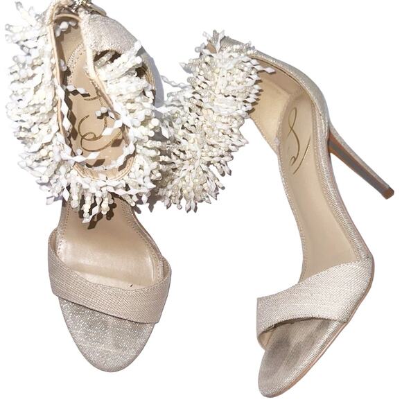 Sam Edelman Gillie Sand Linen Stilettos Open Toe Heels Beaded Size 7.5, 4'' Heel - Picture 3 of 13